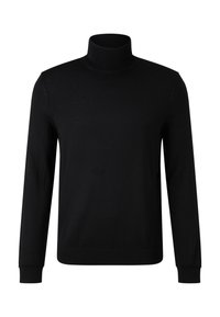Schwarzer Rollkragenpullover aus glattem Strickstoff. Verfügt über lange Ärmel und eine figurbetonte Silhouette mit hohem Kragen und gerippten Bündchen.