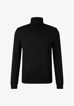 Czarny sweter z golfem wykonany z gładkiej dzianiny. Posiada długie rękawy i dopasowany krój z wysokim kołnierzem oraz ściągaczami.