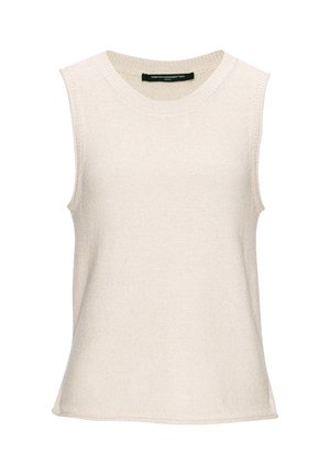 Ärmelloses beiges Stricktop mit rundem Ausschnitt und schwarzem Label im Kragen, mit "French Connection London." beschriftet