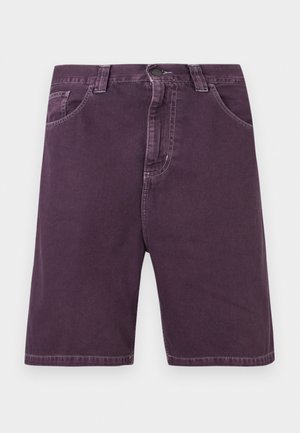 Fialové džínové kraťasy se zapínáním na knoflík a zip, poutky na pásek a dvěma předními kapsami.