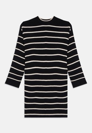 Schwarzes langärmliges Strickkleid mit horizontalen weißen Streifen und gerippter Struktur, Rundhalsausschnitt und geradem Schnitt.