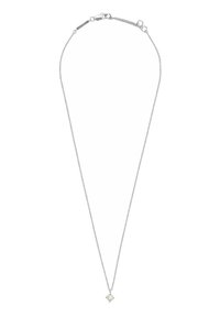 Collana d'argento con una catena fine, caratterizzata da un piccolo ciondolo rotondo di una leggera tonalità, con una superficie liscia e lucida.