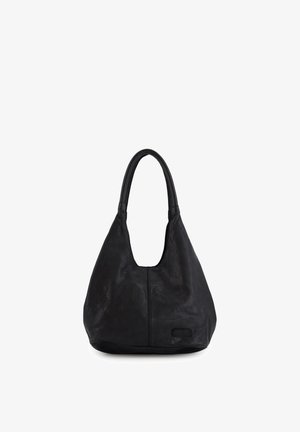 Sac d’épaule en cuir noir avec une sangle large unique et un logo de marque discrètement embossé sur le bas avant.