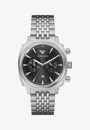 Steel Emporio Armani wristwatch with black dial, silver hour markers, two subdials, date display at 6 o'clock, and metal link bracelet.