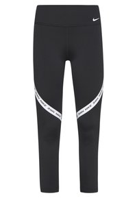 Leggings de sport noirs en matériau synthétique, présentant un logo et un marquage Nike blancs le long d'une bande diagonale sur chaque jambe.