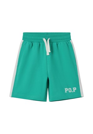 Turkise atletikshorts med hvide siderstriber, elastisk taljebånd, hvid snøre og "P.O.P" tekst på venstre ben.