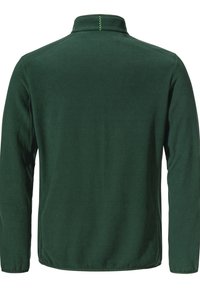 Dunkelgrüne Fleecejacke mit hohem Kragen, langen Ärmeln und einer klaren, glatten Textur. Verfügt über eine dezente Zickzacknaht auf der Rückseite.