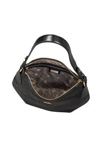 Sac à main en cuir noir avec texture crocodile, fermeture éclair dorée et une seule poignée. L'intérieur présente une doublure à motif et une poche zippée.