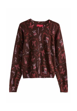Brauner festlicher Pullover mit roten und rosa Mustern von Schleifen, Weinflaschen, Gläsern und Kirschen, mit Rundhalsausschnitt und langen Ärmeln.