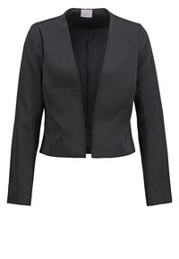 Svart kort blazer med långa ärmar, slätt tyg, v-ringning och utan knäppning. Enkel, skräddarsydd design som är lämplig för lager-på-lager.