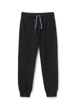 Pantaloni jogger neri con vita elasticizzata e coulisse grigia, polsini a coste, distesi su sfondo bianco.