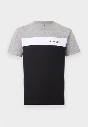 Miesten lyhythihainen t-paita, harmaan yläosaston, jossa on valkoinen raita ja musta alaosa, "RIPCURL" logo rinnassa.