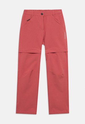 Red convertible outdoor pants with belt loops, zippered front pockets, and button closure, shown flat on a white background.