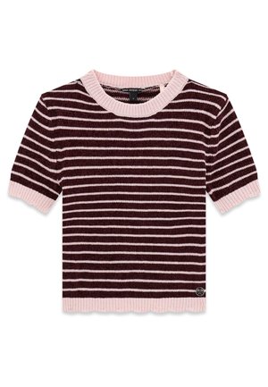 Haut en maille à manches courtes avec rayures horizontales violet foncé et rose clair, col, poignets et ourlet côtelés rose clair, petite étiquette logo en métal.