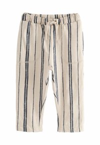 Pantaloni bej cu dungi verticale bleumarin, talie elastică, șnur de ajustare și două buzunare laterale. Material moale cu un aspect texturat.