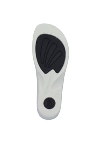 Shoe insole with a white base and black textured layer; features a curved shape and a circular logo detail.