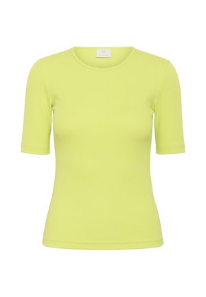 Top court côtelé ajusté vert clair à manches courtes avec col rond et étiquette de marque à l'intérieur du col.