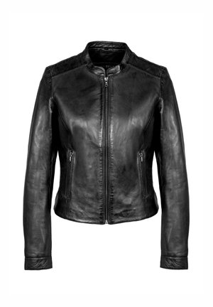 Musta nahkatakki, jossa pyöreä kaulus, vetoketjusuljenta ja kaksi sivutaskua. Takissa on sileä pinta ja vartalonmyötäinen istuvuus.