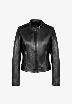 Chaqueta de cuero negro con cuello redondo, cierre de cremallera y dos bolsillos laterales. Presenta una textura suave y un diseño ajustado.