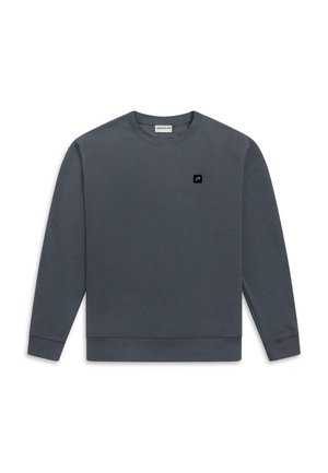 Felpa grigia con collo a giro e polsini e fondo a coste, caratterizzata da un piccolo patch logo nero sul petto. Tessuto liscio e vestibilità casual.