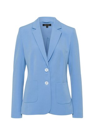 Blazer femme bleu clair avec revers crantés, deux boutons blancs et poches plaquées à l'avant, taille 36, présenté sur fond blanc.