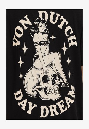Von Dutch, T-SHIRT FEMME LOOSE COL ROND PRINT DEVANT ET DOS PIN UP - T-shirt imprimé - noir