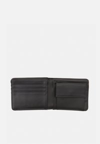 Black leather wallet with a bifold design, featuring multiple card slots and a clear ID window. Smooth texture and subtle stitching details.