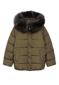 Zielona oliwkowa pikowana kurtka puchowa z dwoma przednimi kieszeniami i dużym kapturem wykończonym ciemnym sztucznym futrem, zapinana na zamek błyskawiczny.