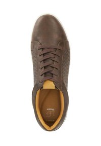 Brown leather sneaker with textured side panels, round toe, contrasting inner lining, and flat laces. White sole accents the design.