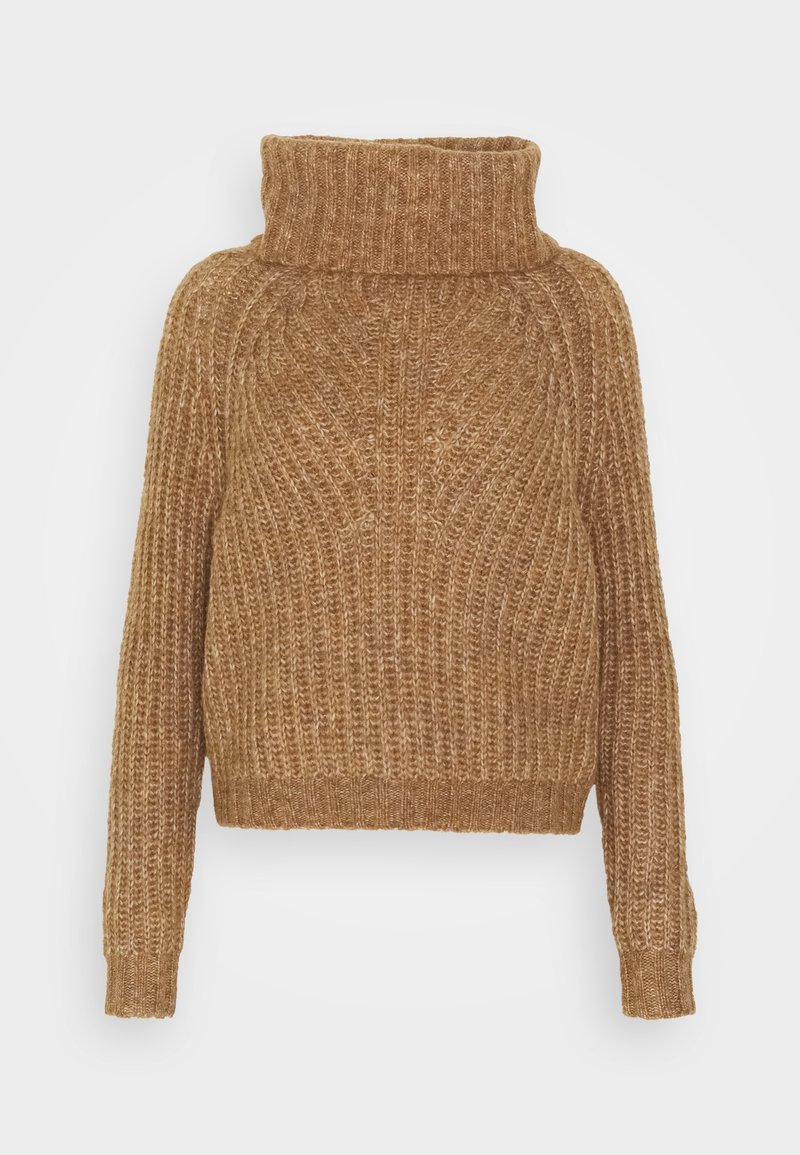 Pull à col roulé camel brun en tricot épais avec manches longues et poignets et ourlet côtelés.