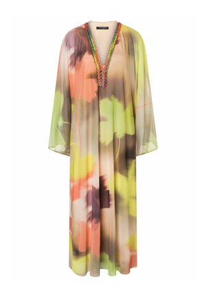 Locker sitzendes, langärmeliges Kleid mit gemischtem pastellfarbenem Blumenmuster in Grün, Orange und Braun, mit tiefem V-Ausschnitt und buntem Perlenbesatz.