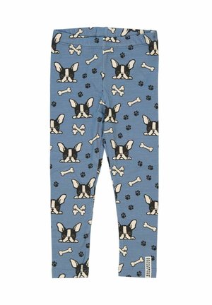 Blue leggings made of soft fabric, featuring an all-over print of French bulldogs, bones, and paw prints in black and cream.