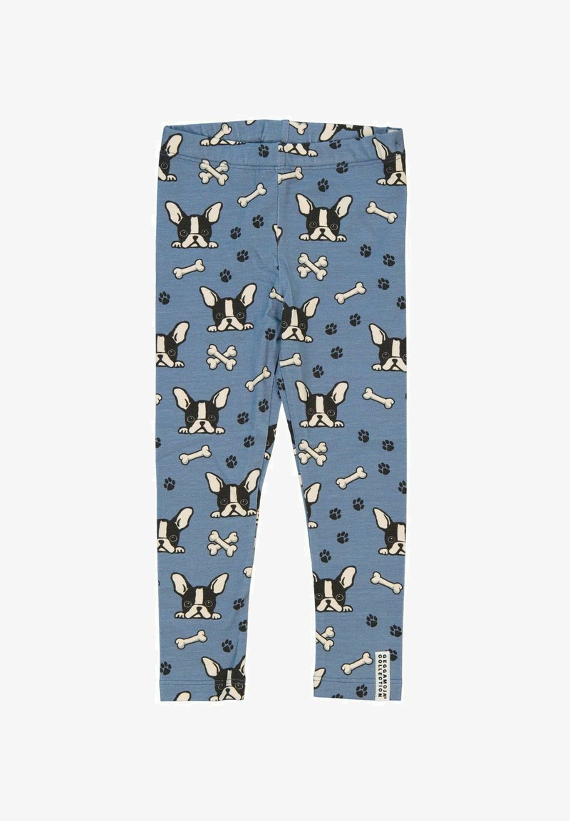 Leggings bleus en tissu doux, ornés d'un imprimé intégral de bulldogs français, d'os et de pattes en noir et crème.