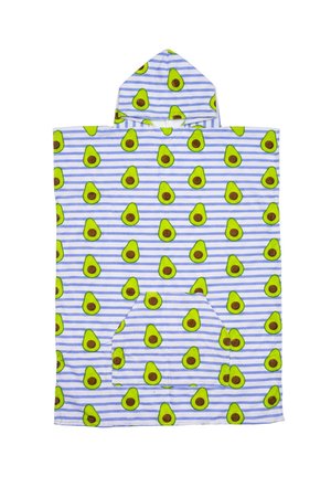 Kapturowy ponczo z miękkiego materiału z niebiesko-białym wzorem w paski, ozdobionym żółto-zielonymi awokado i brązowymi pestkami, z przednią kieszenią.