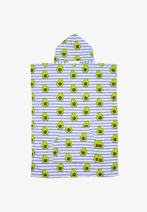 Kapturowy ponczo z miękkiego materiału z niebiesko-białym wzorem w paski, ozdobionym żółto-zielonymi awokado i brązowymi pestkami, z przednią kieszenią.