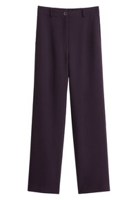 Pantalons larges violets, en tissu lisse, avec une fermeture à bouton à l'avant, passants de ceinture et poches latérales avec une finition soignée.