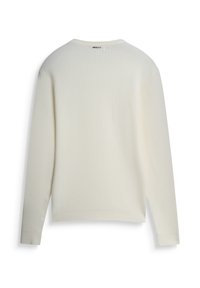 Maglione color crema con un motivo a maglia testurizzato, maniche lunghe e scollo rotondo. Polsini e orlo a costine, vestibilità comoda.