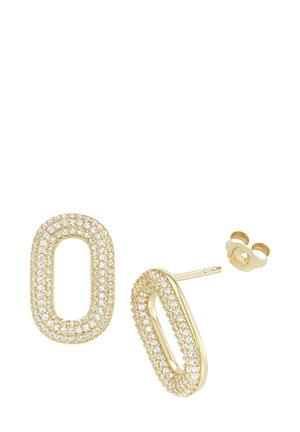 Gold-toned oval earrings featuring a row of small rhinestones around the edge. Includes a straight post and a butterfly clasp.