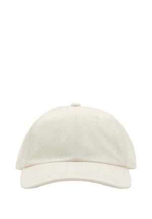 Gorra de béisbol lisa de color blanco hueso con visera curva y paneles cosidos, vista desde el frente sobre un fondo blanco.