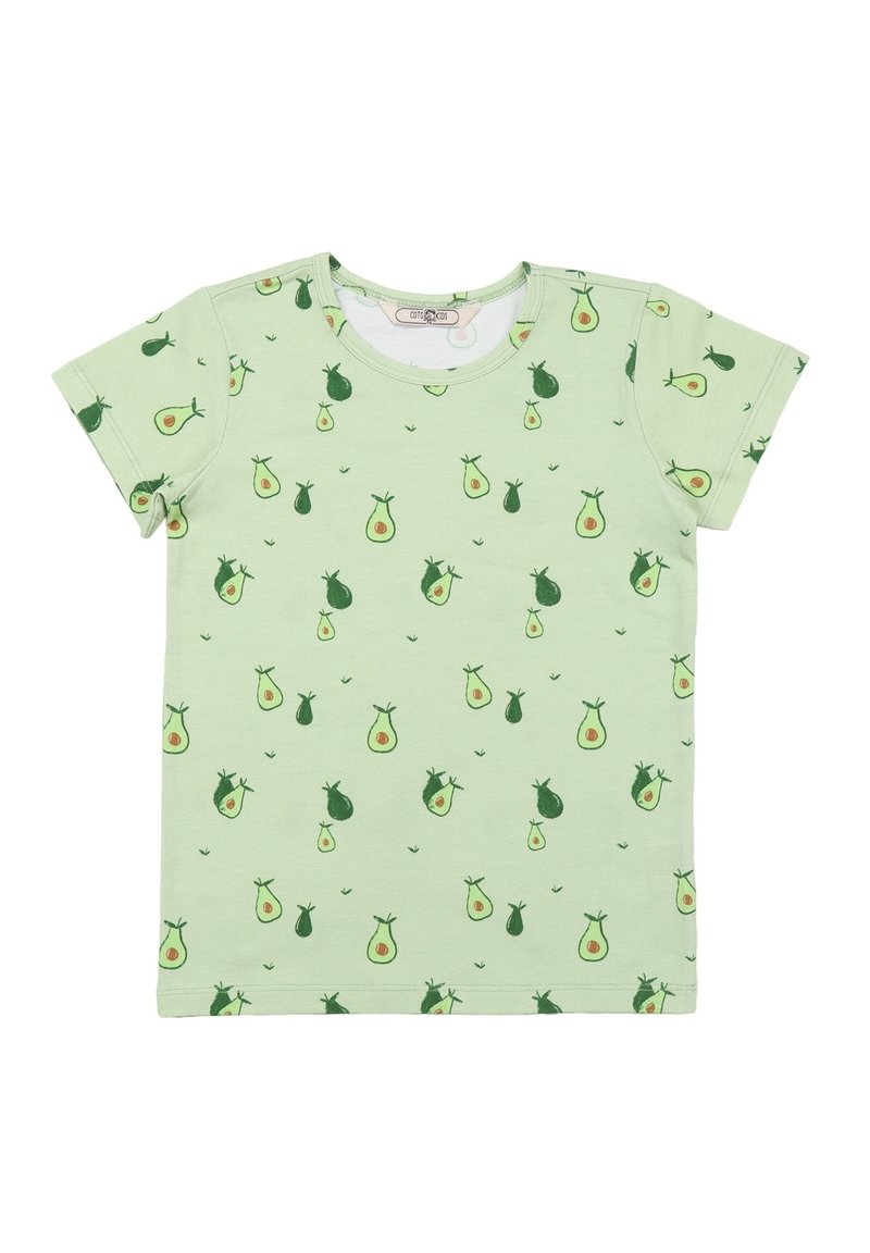 Hellgrünes Baumwoll-T-Shirt mit Allover-Avocado-Print in verschiedenen Grüntönen und Orange, kurzen Ärmeln und rundem Ausschnitt.