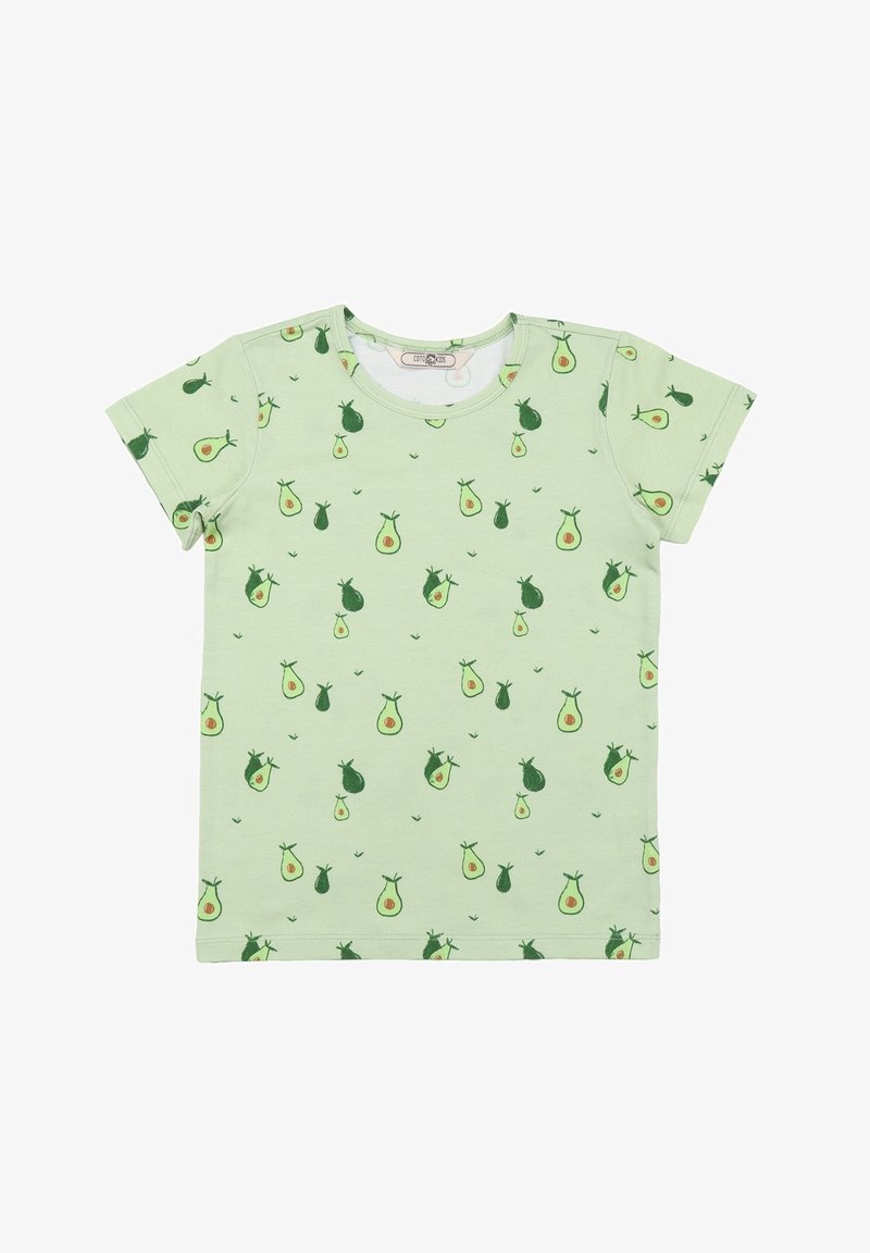 Hellgrünes Baumwoll-T-Shirt mit Allover-Avocado-Print in verschiedenen Grüntönen und Orange, kurzen Ärmeln und rundem Ausschnitt.