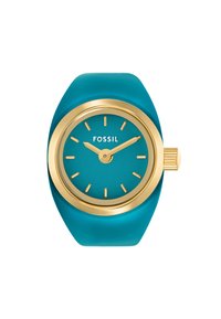 Montre avec bracelet en silicone turquoise et boîtier rond doré, dotée d'un cadran bleu, d'aiguilles dorées et d'une couronne texturée. Marque : Fossil.