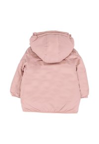 Giacca invernale per bambini di colore rosa chiaro con cappuccio, polsini elasticizzati e orlo inferiore, vista dal retro su uno sfondo bianco.