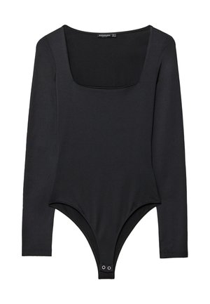 Body noir à manches longues avec décolleté carré et fermetures à pression à l'entrejambe, posé à plat sur un fond blanc.