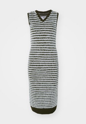 Knit sleeveless dress featuring green and white horizontal stripes, V-neckline, fitted silhouette, and ribbed hem texture.
