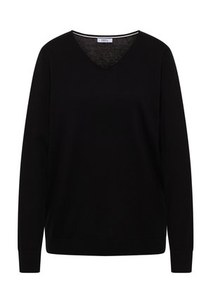 Pull noir à manches longues avec un col en V, coupe simple et une petite étiquette de marque blanche à l'intérieur du col.