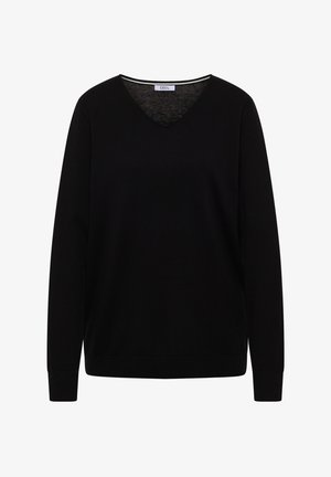 Pull noir à manches longues avec un col en V, coupe simple et une petite étiquette de marque blanche à l'intérieur du col.