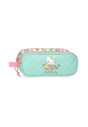 Estuche de lápices azul claro con cremalleras rosas, con Hello Kitty, flores y lunares, y un asa lateral de tela rosa.