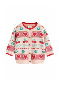 Helles rosa Strickjacke mit rotem gewelltem Kragen. Verziert mit Kirsch-, Herz- und Blumenmustern in Rot, Grün und Blau. Holzknöpfe vorne.
