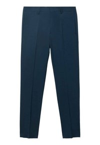 Maßgeschneiderte marineblaue Hosen aus glattem Stoff. Verfügt über Eingrifftaschen und ein flaches Vorderdesign. Schmale Passform mit geradem Bein.